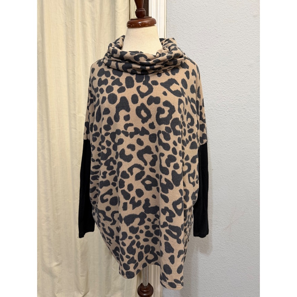Honeyme Curvy XL Tunic Top Leopard Print Cowl Neck Black Colorblock Sleeve USA